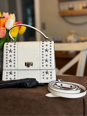 Jimmy Choo Lockett White Star-Studded Croc-Textured Top Handle Two-way Satchel